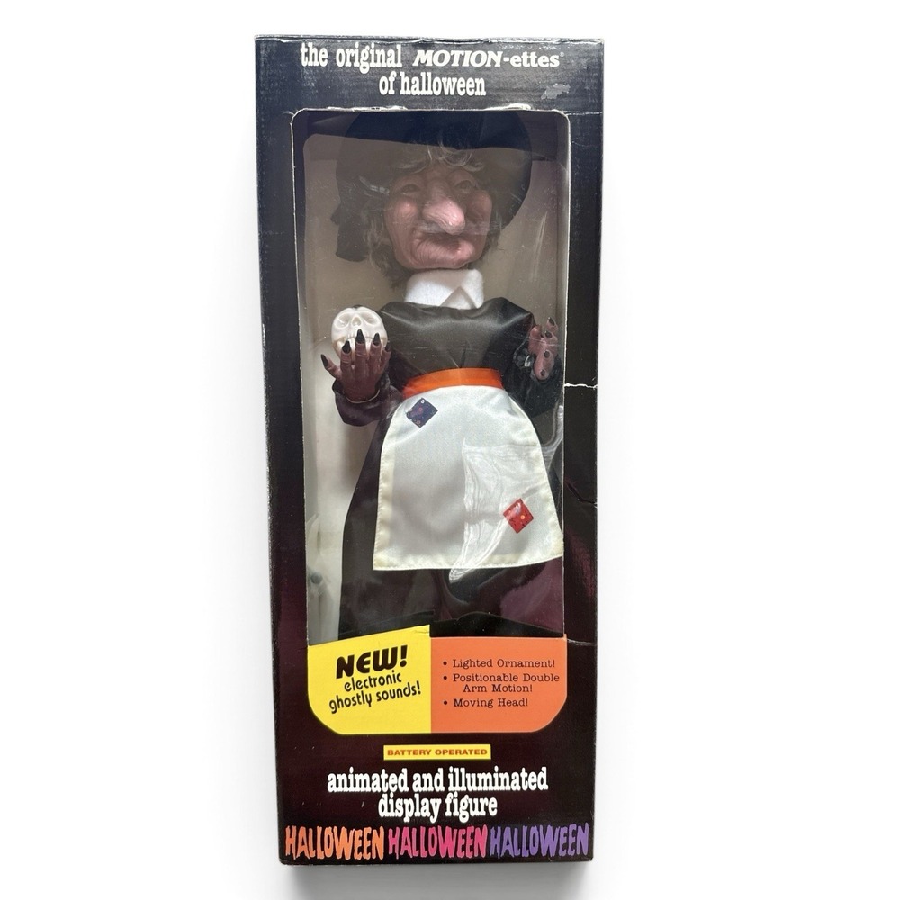 Vtg Original Motion-ettes of Halloween Illuminated Animated Witch W/Skull Works!